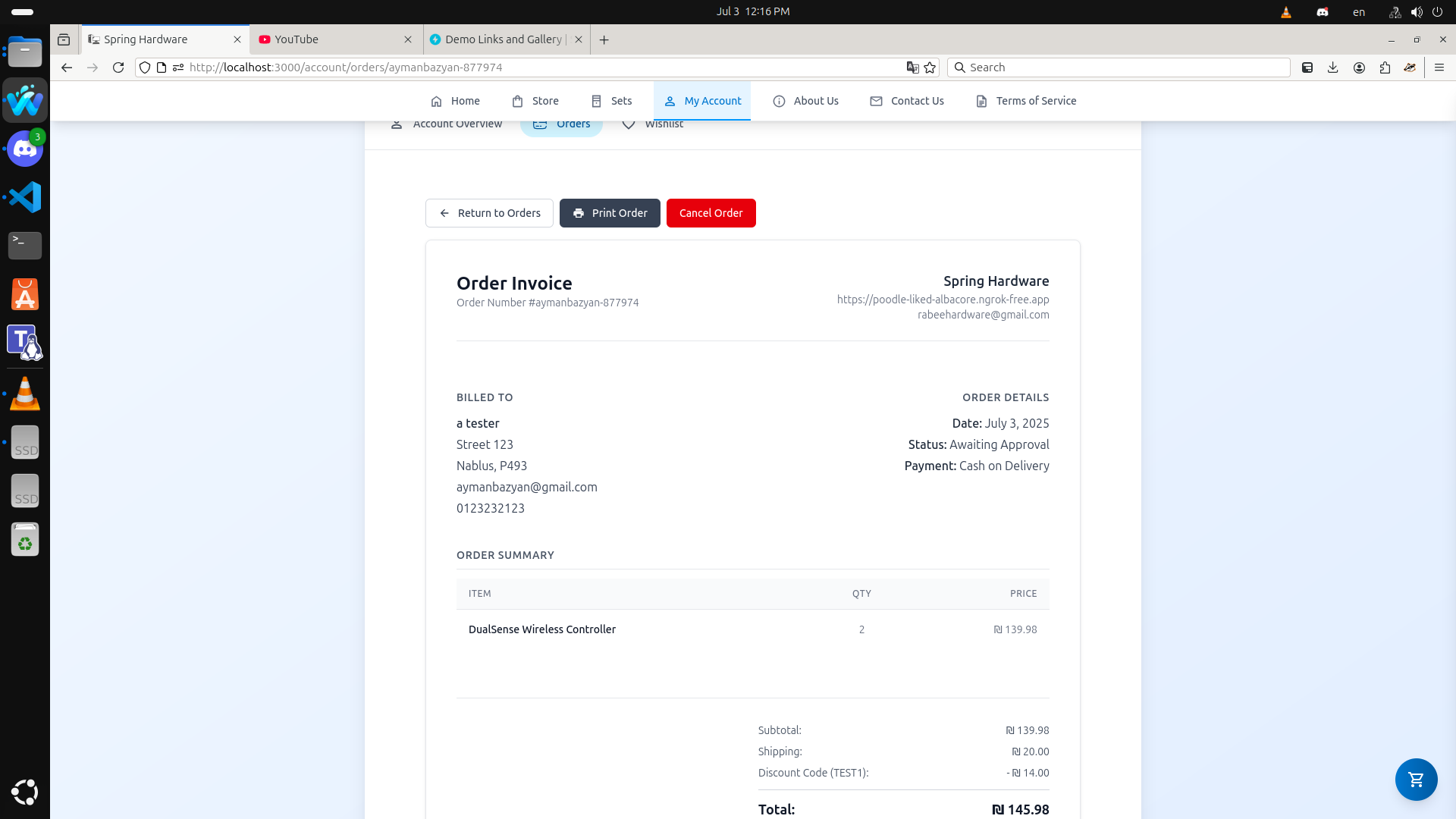 User Order Invoice