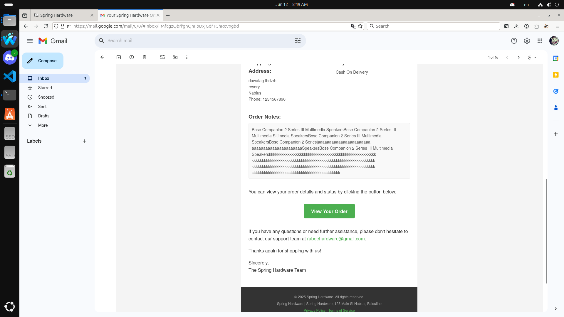 Order Email Details